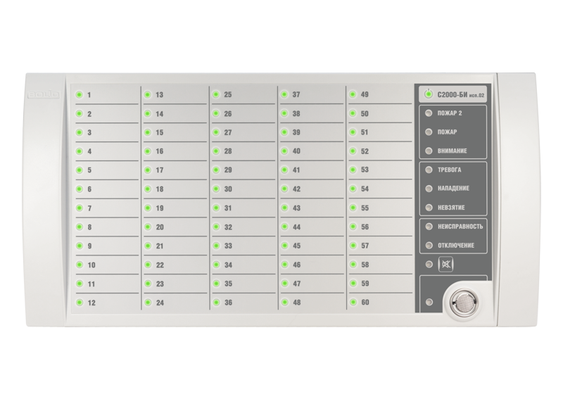 Блок индикации для отображения 60 разделов на двухцветных светодиодных индикаторах и 8 системных индикаторах. Встроенный считыватель Touch Memory. Два интерфейса RS-485, питание от 10 до 28 В