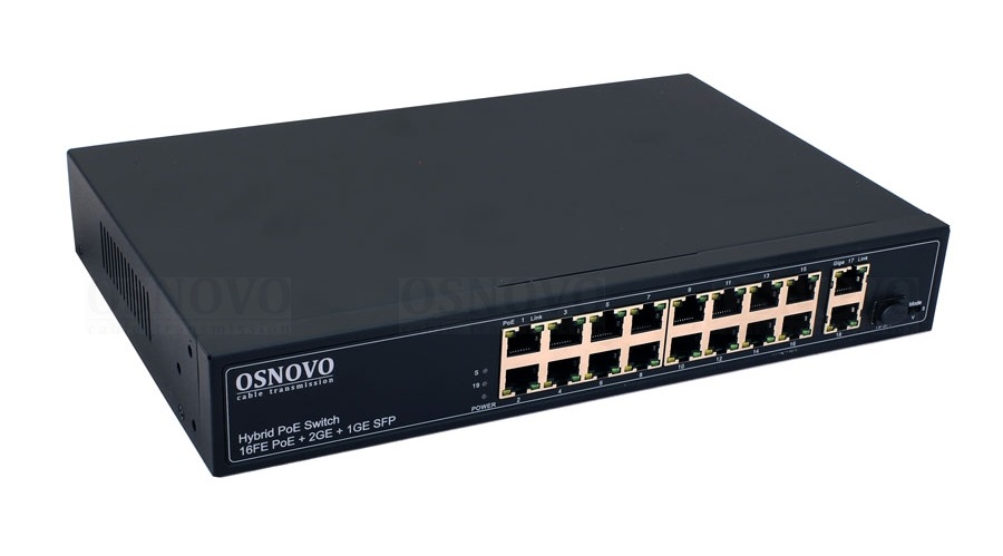 PoE коммутатор Fast Ethernet на 16 x RJ45 PoE + 2 x RJ45 GE + 1 SFP GE порта. Мощность PoE на порт - до 30W. PoE до 292W. до 250м, AC100-240V. Встроенный БП. 19", 295x45x195мм. -10...+55гр. С.