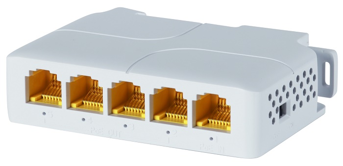 Повторитель POE, 4 POE порта (1000 Мбит/с), 1 RJ-45 Uplink порт (1000 Мбит/с), бюджет на порт 2 до 60 Вт, бюджет на порты 3-5 до 30 Вт, общий бюджет до 90 Вт.