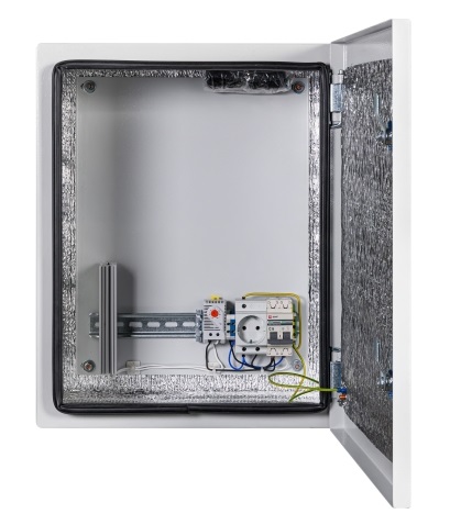 Климатический навесной шкаф, 400х500х250 / 377х477х220 мм, -55°С +50°С, Комплектация: утеплитель из порилекса, замок 2 шт, ключ 1 шт, монтажная плата 1шт, гермовводы 2 шт (MG-25), розетка 1 шт, автоматический выключатель, 6А 1шт, клемма для подключения оборудования 2 шт, клемма заземления 1 шт, термореле 1шт, нагреватель мощностью 100 Вт 1шт. Вес: 10,8 кг. IP 66. Цвет ral 7035 (серый)