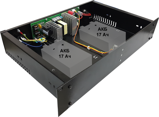 Блок беспереб. питания 24В, 4А, кратковременно и в режиме резерва  до 4.5А, Корпус под шкаф 19", высота  2U,  2 АКБ 7-17 Ач (внутренние), возможность подключения 2-х внешних АКБ до 40 Ач.