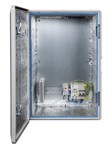 Композитный климатический монтажный шкаф 405х587х260/ 340х540х210мм, -55°С +50°С, SMC композит, IP66, IK10, Комплектация: утеплитель из Порилекса, замок 2 шт,ключ 1 шт, монтажная плата 1шт, гермовводы 2шт, розетка 1 шт, автоматический выключатель 1шт, термореле 1шт,нагреватель мощностью в 75 Вт 1шт. Вес: 10.1 кг.