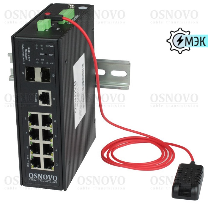 Промышленный управляемый (L2+) коммутатор Gigabit Ethernet на 8GE RJ45 + 2 GE SFP порта с функцией мониторинга температуры/ влажности/ напряжения. Порты: 8 x GE (10/100/1000Base-T) + 2 x GE SFP (1000Base-X). Уровень управления L2+. Встроенная система мониторинга температуры/ напряжения + внешний датчик температуры/ влажности. 