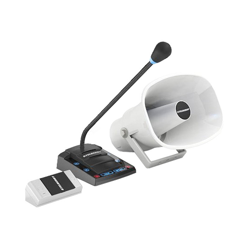 Комплект переговорного устройства клиент-кассир для АЗС с системой громкого оповещения, функцией "симплекс", встроенным усилителем, рупором на 15 Ватт и выходом для записи переговоров