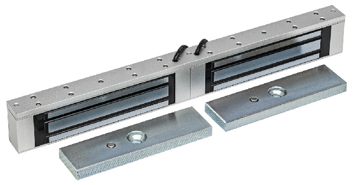 Электромагнитный замок сдвоенный IP67, 12V DC, 0,3 A, усилие 2*180 кг,  340x37x21 мм. 2200 г., офисный дизайн, планка в комплекте. -40°С…+40°С