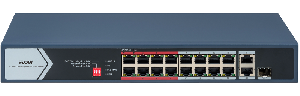 Коммутатор, L2, неуправляемый, 16 портов 10/100M RJ45 PoE, 1 uplink порт 1000М RJ45, 1 uplink комбо-порт 1000М, 802.3af/at, бюджет питания PoE 130 Вт, порты 9-16 поддерживают режим передачи до 300м,10Мб/с, CAT6; защита от перенапряжения 6 кВ