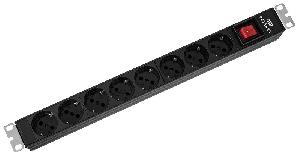 Блок распределения 19" (PDU) с выключателем на 10А, 8 разъемов SHUKO, без шнура вход C14, черный