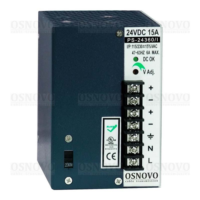 Промышленный блок питания. DC24V, 15A (360W). Регулировка выходного напряжения в диапазоне 22-26V. Защита от короткого замыкания, перенапряжения и перегрузки. Принудительная система охлаждения (вентилятор). Монтаж на DIN-рейку или стену. 75x110x121мм. -40...+50°C.