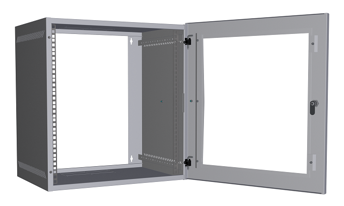 Настенный шкаф 19", 12U, стеклянная дверь, Ш540хВ573хГ400мм, 1 пара монтажных направляющих, сварной, серый