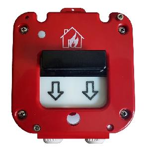 Извещатель пожарный ручной, светов.индикация; U-пит.9...30В, I-потр.30мкА; IP66, tраб.-55...+60°С, 129х158х72 мм. Приводится в действие смещением защитного элемента и опусканием приводного элемента (ручки) извещателя вниз в направлении стрелок