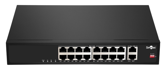Неуправляемый коммутатор, 16 RJ-45 POE портов (10/100 Мбит/с), 2 RJ-45 Uplink порта (1000 Мбит/с), бюджет на порт до 30 Вт, общий бюджет до 250 Вт.