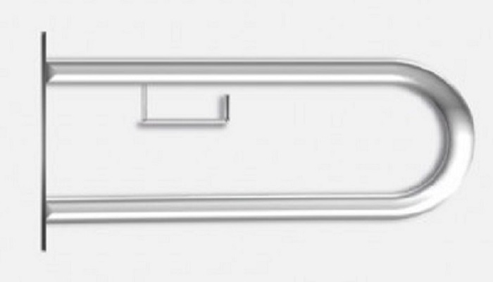 Поручень предназначен для опоры при вставании людей с ограниченными возможностями. Фиксированный, имеет U-образную форму с бумагодержателем. Изготовлен из нержавеющей стали марки AISI304, диаметр трубы 32 мм, толщина стали 1,5 мм, габариты 900х220 мм. Площадка поручня крепится к стене 6 точками.