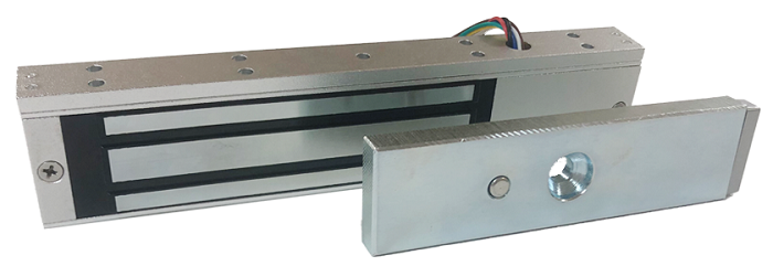 Электромагнитный замок, 12V/24V DC, 0,3 A, усилие 180 кг,  207x37x21 мм. Масса 1130 г., офисный дизайн, планка в комплекте, световая индикация, датчик Холла состояния замка (выход реле НО, НЗ), датчик положения двери (геркон). -40°С…+40°С, Комплектация: БЕЗ ПЛАНКИ, БЕЗ УГОЛКА