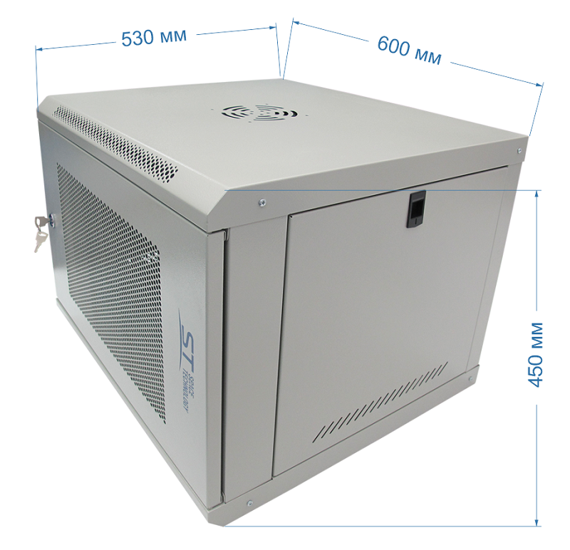 Настенный шкаф 19, 9U, Тип двери: Металлическая перфорированная, Высота: 450 мм, Глубина: 530 мм, Ширина: 600 мм, Статическая нагрузка: 90 (стена), 300 (опоры) кг, Цвет: Серый, IP20, Климатическое исполнение: УЗ, 1 полка в комплекте