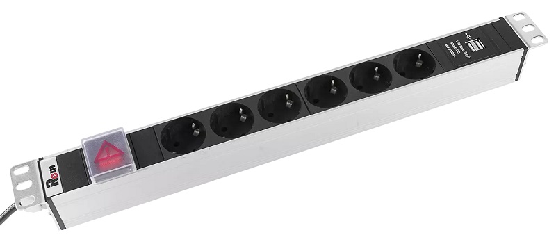 Блок розеток Rem-16 с выкл и USB-портом, 6 Schuko, 16A, алюм., 19", шнур 3 м.