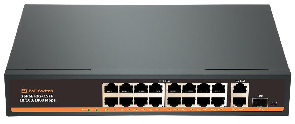 Коммутатор 16xPoE (802.3at/af) 10/100Мб + 2хUplink 10/100/1000Мб, бюджет до 240Вт (PoE до 30Вт, 200м, End-Span 4(5)+/ 7(8)-), грозозащита 4кВ