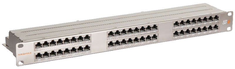 Коммутационная панель 19", 1U, 48 портов, Кат.6, RJ45/8P8C, 110/KRONE, T568A/B, полный экран, с органайзером, металлик