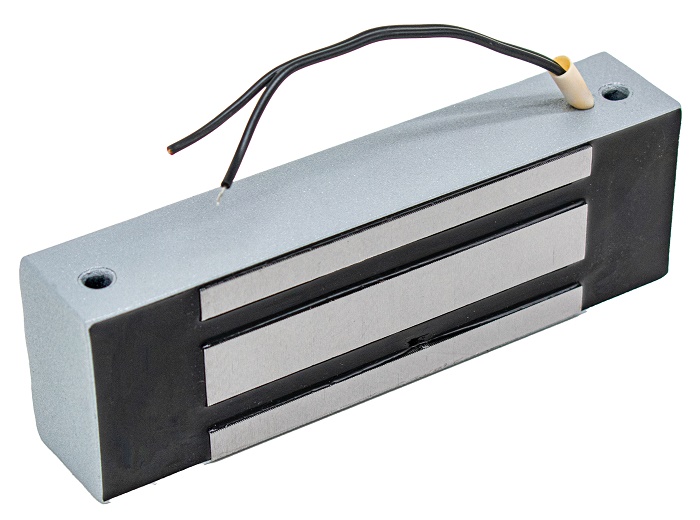 Электромагнитный влагозащищенный замок IP67, 12V DC, не более 0,47 A, усилие 300 кг, 160х52х32 мм. Масса 2000 г., уголок в комплекте. Цвет Серебряный металлик, -40°С…+40°С.