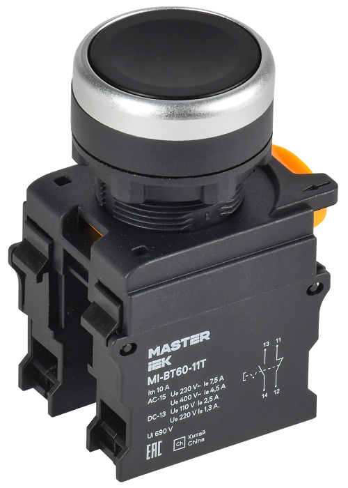 Кнопка с фиксацией d=22мм 1NO+1NC чёрная MASTER IEK