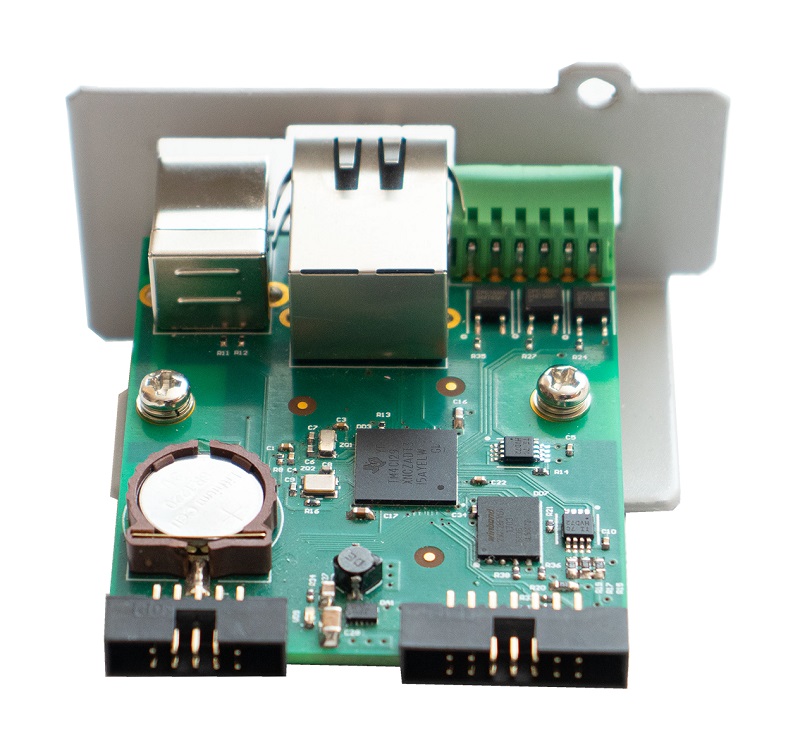 SNMP-модуль для настройки и удаленного мониторинга однофазных ИБП Штиль серий ST, SR, SW, STR мощностью 1 - 10 кВА и инверторных стабилизаторов напольного/стоечного исполнения; интерфейсы: Ethernet, USB, «сухие» контакты, RS-485; протоколы: Web, SNMP, NTP, Modbus TCP, SMTP, Штиль; уведомления trap-сообщения, e-mail; IP20, t-раб. +5...40°C, габ.размеры 40х68х65 мм
