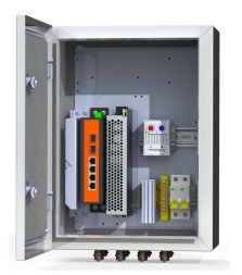 Коммутационный термошкаф: промышленный неуправляемый коммутатор 4хRJ45 10/100/1000 Мб/с PoE 802.3 af/at, 2хSFP 1000 Мб/с бюджет PoE 140 Вт, блок питания 150Вт/48-58 В, обогреватель 50Вт, сдвоенный термостат, оптический кросс 4 порта SC, гермовводы 4хPG9, 4хPG13.5, автомат 6А, цвет серый, 230 В AC, 200Вт, устройство грозозащиты линии 220В и линий PoE, IP66, -60°С... +50°С, 300х400х210 мм.