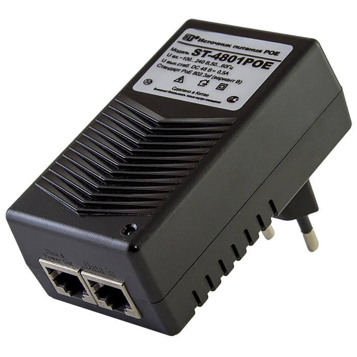 Инжектор PoE однопортовый, 48В, 24 Вт, защита от КЗ, 2хRJ45, IEEE 802.3at(вар.B), -10...+40°C, 83х47х68 мм