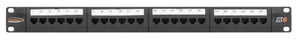 Коммутационная панель 19", 1U, 24 порта, Кат.6 (Класс E), 250МГц, RJ45/8P8C, 110/KRONE, T568A/B, неэкранированная, с органайзером, черная