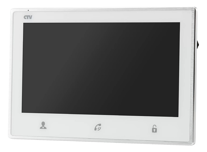 Монитор видеодомофона в корпусе с метал. рамкой, CVBS, белый, Дисплей IPS 7", 1024х600, до 2 панелей, до 2 видеокамер, SD до 32Gb, панель из стекла с сенсорным управлением "Easy buttons", детекция движения, адресный интерком, встроенный источник питания