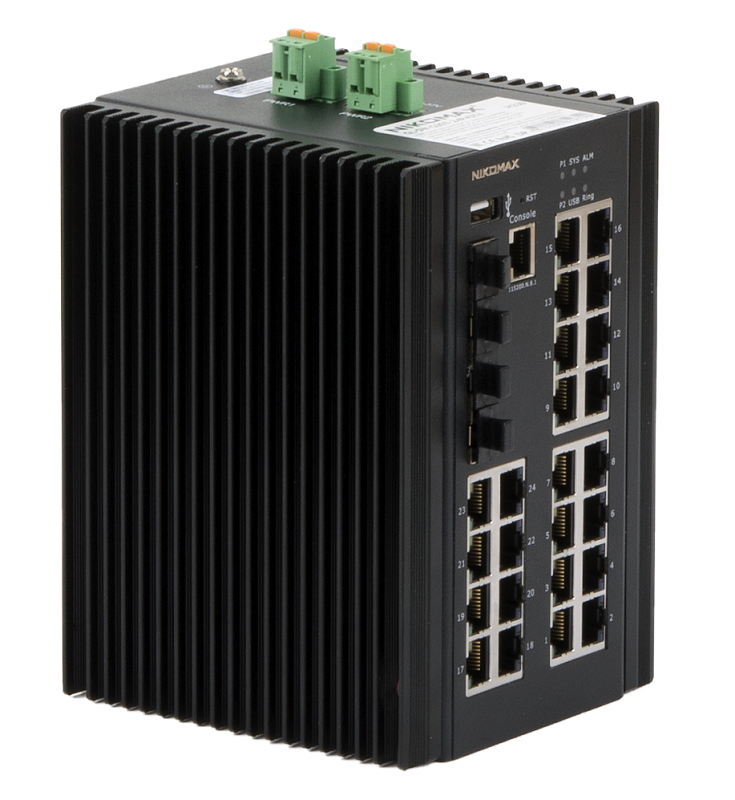 Управляемый промышленный L2+ коммутатор 24*10/100/1000Мбит/с PoE (af/at), 4*1/2.5/10Гбит/с SFP+, Крепление на DIN-рейку, 2*ввода питания, питание 44-57В (блок питания 370Вт поставляется отдельно), -40С +70С.