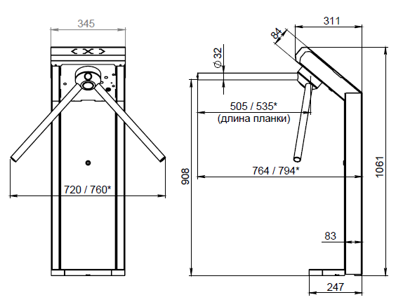 Турникет-трипод электромеханический с закрытой нишей в корпусе. Планки приобретаются отдельно!