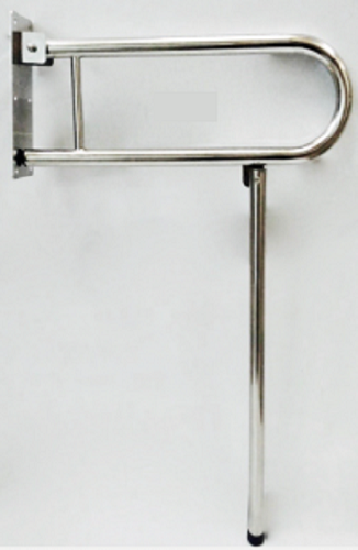 Поручень предназначен для опоры при вставании людей с ограниченными возможностями. Откидной, имеет U-образную форму со складной опорой в пол, для полной безопасности. Изготовлен из нержавеющей стали марки AISI304, диаметр трубы 32 мм, толщина стали 1,5 мм, габариты 900х750 мм. Площадка поручня крепится к стене 6 точками.