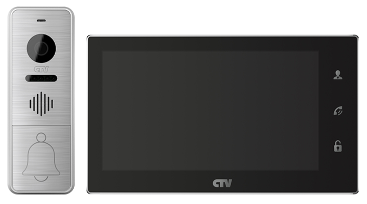 Комплект видеодомофона в одной коробке (вызывная панель CTV-D4005 и монитор CTV-M4706AHD), поддержка формата Full HD, монитор с экраном 7", Hands free, детектор движения, технология Touch Screen для управления OSD, панель из стекла с сенсорным управлением "Easy buttons", встроенная память, встроенный слот для micro SD (до 64ГБ), переключение стандартов 1080p/720p/960H, встроенный источник питания, подкл до 2 выз. панелей и 4 мониторов, цв. корпуса - черный