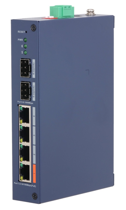 4-портовый PoE коммутатор с функцией облачного управления, Порты: 4 RJ45 10/100Мбит/с (PoE/PoE+/Hi-PoE), 2 SFP 1000Мбит/с (uplink); мощность PoE: порт 1 до 60Вт, порты 2~4 до 30Вт, суммарно до 60Вт; PoE watchdog, передача до 250м; питание: 48~57В(DC); грозозащита: до 6кВ; рабочая температура: -30°С~+65°С; IP30, IK06; монтаж на DIN-рейку