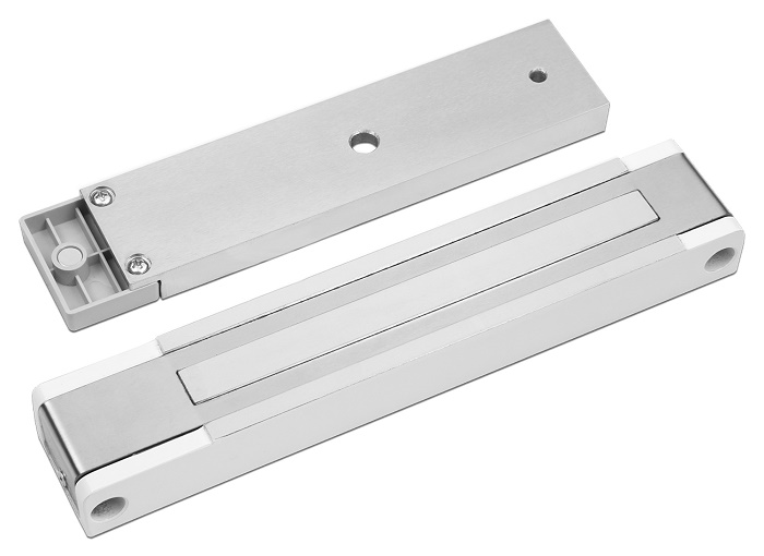 Замок электромагнитный, с датчиком Холла, герконом и индикацией, 400 кг удержания, 24 В/0,22 А, 225х42х26,5 мм, IP20, -20...+40, белый