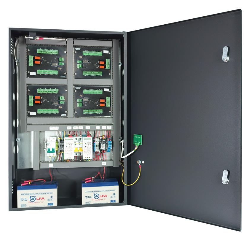 Специализированный шкаф для четырёх охранных панелей AAM-IO-16/2, с установленными внутри двумя источниками питания, с замком и датчиком вскрытия корпуса.