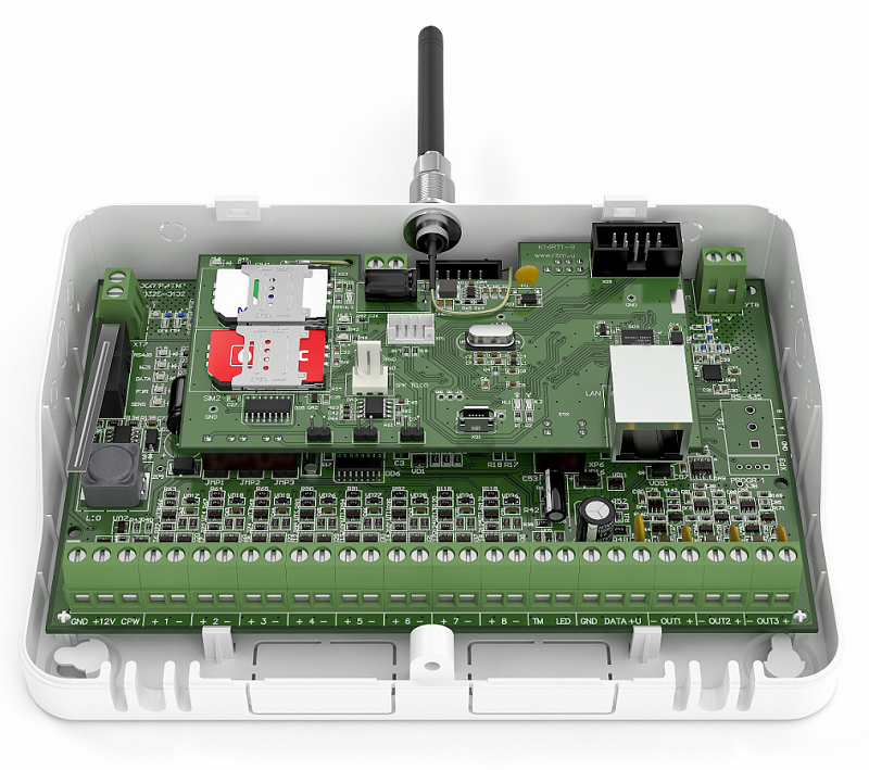Охранно-пожарная панель с GSM коммуникатором, до 16 проводных ШС, до 32 радиоканальных извещателей, до 16 разделов, 2 SIM, до 5 клавиатур, 3 вых. "ОК", Ethernet, U-пит.12В, I-потр.до 1,5А, t-раб.-30...+50°C, 160х100мм.