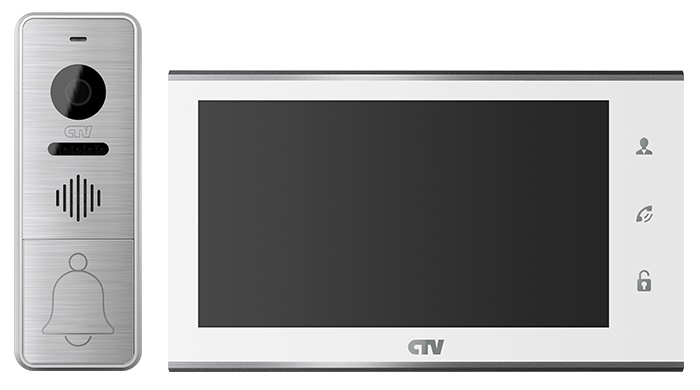 Комплект  видеодомофона  в одной коробке (вызывная панель CTV-D4005 и монитор CTV-M4705AHD), поддержка формата Full HD, монитор с экраном 7", Hands free, детектор движения, панель из стекла с сенсорным управлением "Easy buttons", встроенная память, встроенный слот для micro SD (до 64ГБ), переключение стандартов 1080p/720p/960H, встроенный источник питания, подкл до 2 выз. панелей и 4 мониторов, цв. корпуса - белый
