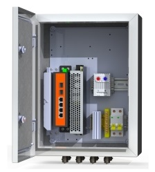 Коммутационный термошкаф: промышленный управляемый коммутатор 4хRJ45 10/100/1000 Мб/с PoE 802.3 af/at watchdog, 2хSFP 1000 Мб/с бюджет PoE 140 Вт, блок питания 150Вт/48-58 В, обогреватель 50Вт, сдвоенный термостат, оптический кросс 4 порта SC, гермовводы 4хPG9, 4хPG13.5, автомат 6А, цвет серый, 230 В AC, 200Вт, устройство грозозащиты линии 220В и линий PoE, IP66, -60°С... +50°С, 300х400х210 мм.
