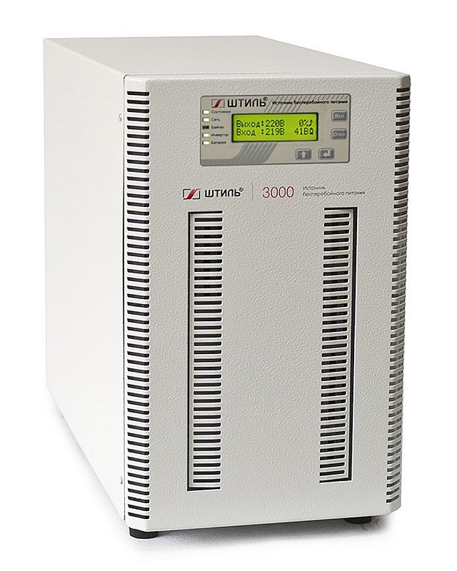 Источник бесперебойного питания напольный, on-line (с двойным преобразованием), чистая синусоида, 3000 ВA (2700 Вт); U-вх.220 В; встроенные аккумуляторы, 8х12В/9Ач, U-акб.96 В, I-заряд.1 А; ЖК-дисплей; выходные разъёмы - IEC-320-C13 (3 шт.), EURO F-type с заземлением (2 шт.), IEC-320-C19 (1 шт.); холодный старт, совместим с генератором; IP20, t-раб.+5...+40°C, 346х210х443 мм
