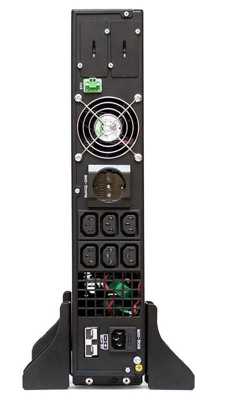 Источник бесперебойного питания напольный/в стойку, on-line (с двойным преобразованием), чистая синусоида, 1000 ВA (900 Вт); U-вх.220 В; встроенные аккумуляторные батареи и возможность подключения внешних аккумуляторных батарей, 3х12В/9Ач, U-акб.36 В, I-заряд.1 А; ЖК-дисплей; выходные разъёмы - IEC-320-C13 (6 шт.), евророзетка (1 шт.); холодный старт, совместим с генератором; высота 2U; IP20, t-раб.+5...+40°C, 482х88х401 мм