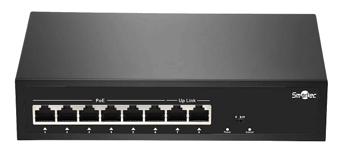 Неуправляемый коммутатор, 6 RJ-45 POE портов (10/100 Мбит/с), 2 RJ-45 Uplink порта (10/100 Мбит/с), бюджет на порт до 30 Вт, общий бюджет до 75Вт.