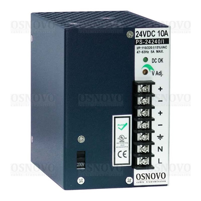 Промышленный блок питания. DC24V, 10A (240W). Защита от короткого замыкания, перенапряжения и перегрузки. Принудительная система охлаждения (вентилятор). Монтаж на DIN-рейку или стену. 75x110x121мм. -40...+50°C.