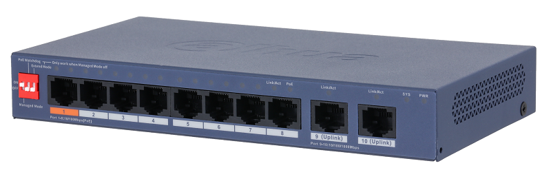 8-портовый PoE коммутатор с функцией облачного управления, Порты: 8 RJ45 10/100Мбит/с (PoE/PoE+/Hi-PoE), 2 RJ45 10/100/1000Мбит/с (uplink); мощность PoE: порт 1 до 60Вт, порты 2~8 до 30Вт, суммарно до 60Вт; PoE watchdog, передача до 250м; питание: 53В(DC)