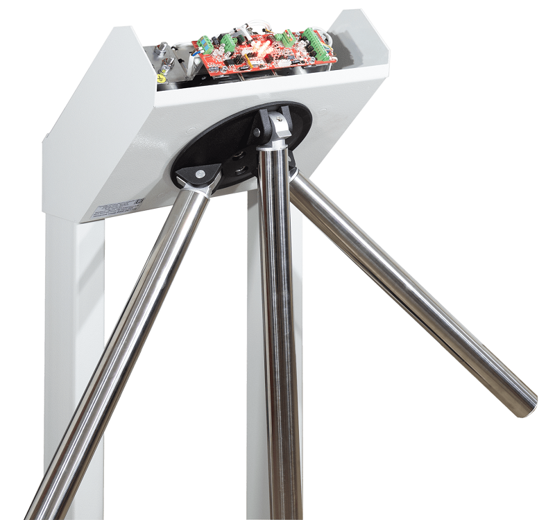 Турникет-трипод электромеханический с автоматическими планками "Антипаника". Преграждающая планка складывается при пропадании питаня/ с пульта/ с контроллера СКУД; Планки из нержавеющей стали 38мм; Материал корпуса: сталь в полимерном покрытии.