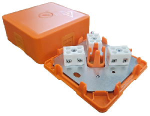 Коробка монтажная огнестойкая IP41, фарфоровый клеммник 6 контактов, до 3 мм кв., 75х75х30 мм, вводы вставки из эластичного материала, Оранжевая