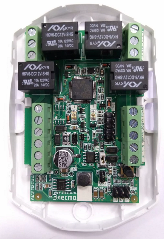 Блок релейный для Юпитер-2444/-2445/-2463/-2082/-2084; RS485 - до 1000 м, вход контроля внешнего ист.питания; 4 реле (НЗ/НО), U-комут. 220 В, I-комут. 5 А; U-пит. 12±1.8В, I-потр. 100 мА, t-раб. -20...+50°C, 105х70х30 мм. Пласт.корпус&nbsp;&nbsp; 