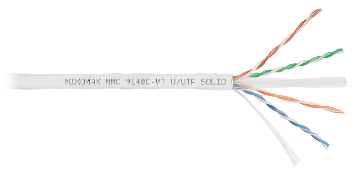 Кабель U/UTP 4 пары, Кат.6 (Класс E), тест по ISO/IEC, 250МГц, одножильный, BC (чистая медь), 23AWG (0,57мм), полимерный материал нг(А)-HF, внутренний, белый, 305м