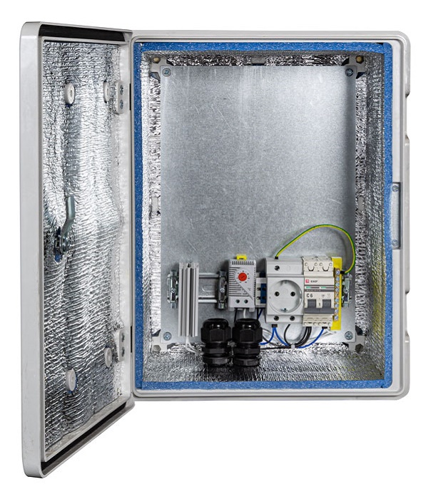 Композитный климатический монтажный шкаф 335х417х200 мм / 270х370х150 мм, -55°С +50°С, SMC композит, IP66, IK10, Комплектация: утеплитель из Порилекса, замок 1 шт,ключ 1 шт, монтажная плата 1шт, гермовводы 2шт, розетка 1 шт, автоматический выключатель 1шт, термореле 1шт,нагреватель мощностью в 50 Вт 1шт. Вес: 6,5 кг. Цвет ral 7035 (серый)