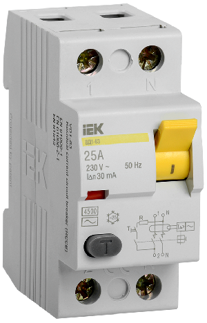 Выключатель дифференциального тока (УЗО), ВД1-63 2P 25А 30мА, KARAT IEK