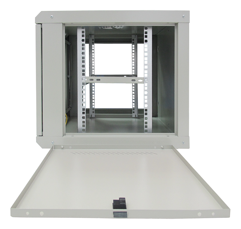 Настенный шкаф 19, 9U, Тип двери: Металлическая перфорированная, Высота: 450 мм, Глубина: 530 мм, Ширина: 600 мм, Статическая нагрузка: 90 (стена), 300 (опоры) кг, Цвет: Серый, IP20, Климатическое исполнение: УЗ, 1 полка в комплекте